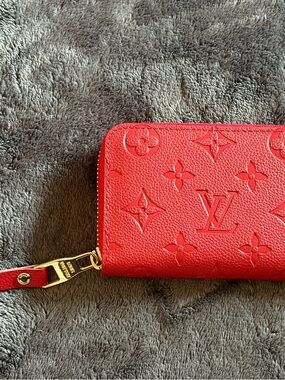 Red Embossed Leather Monogram Zip Wallet